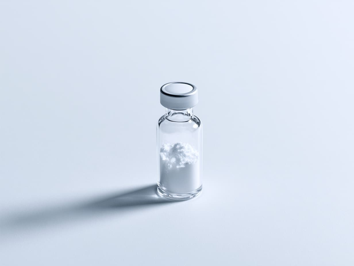 A single sealed vial of white lyophilised powder on a pale seamless surface, one soft shadow