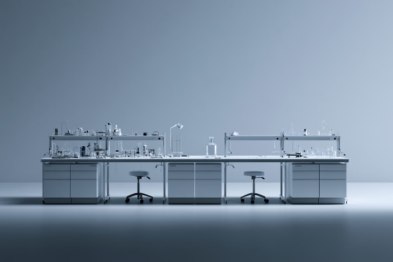 A long empty laboratory bench with two unoccupied stools, glassware racked above it
