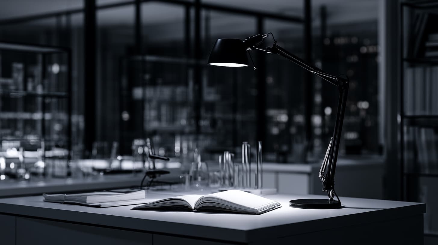 An empty laboratory desk at dusk, an anglepoise lamp lit over an open notebook