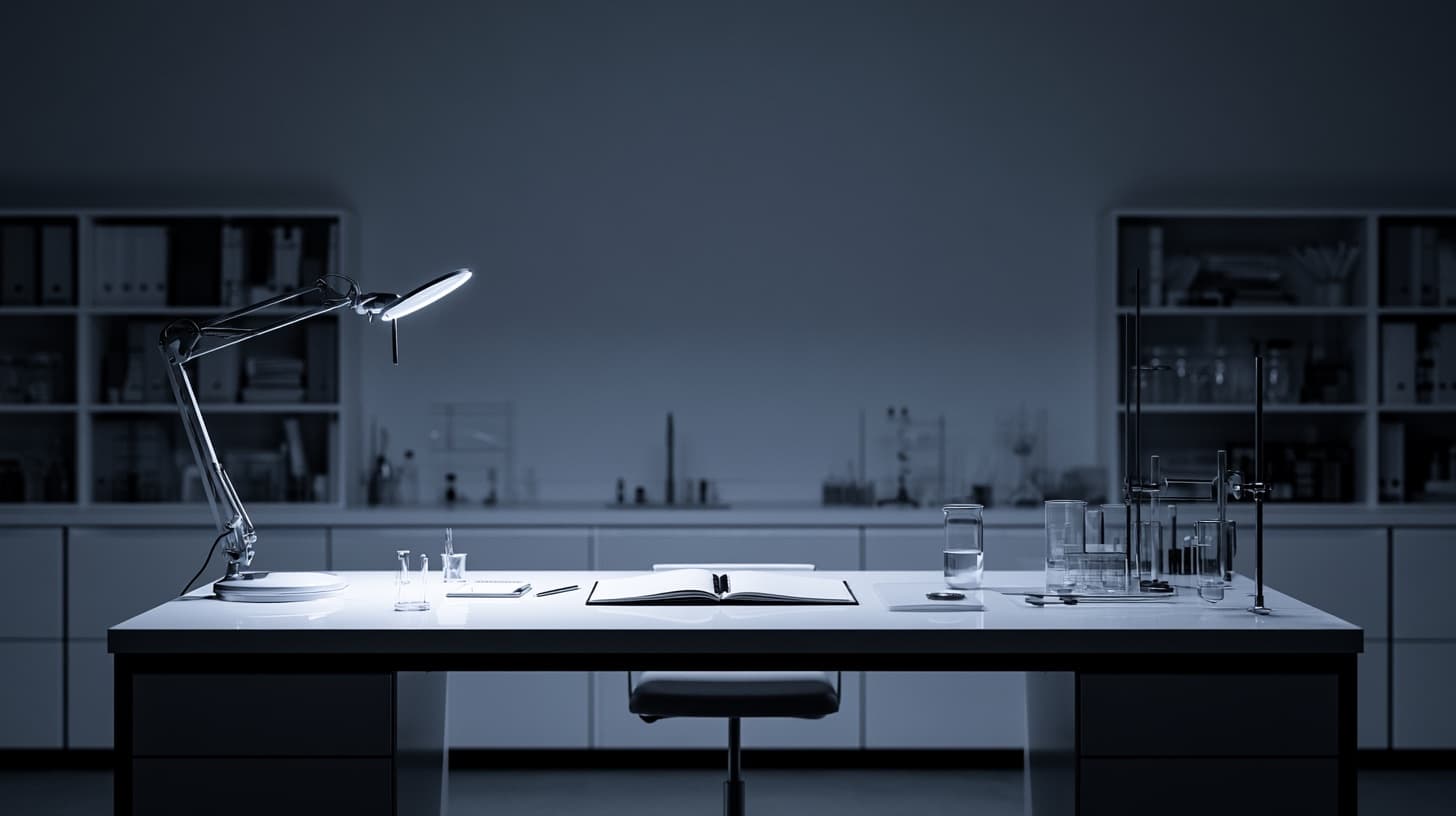 A quiet laboratory bench under a single lamp, glassware set out and unattended