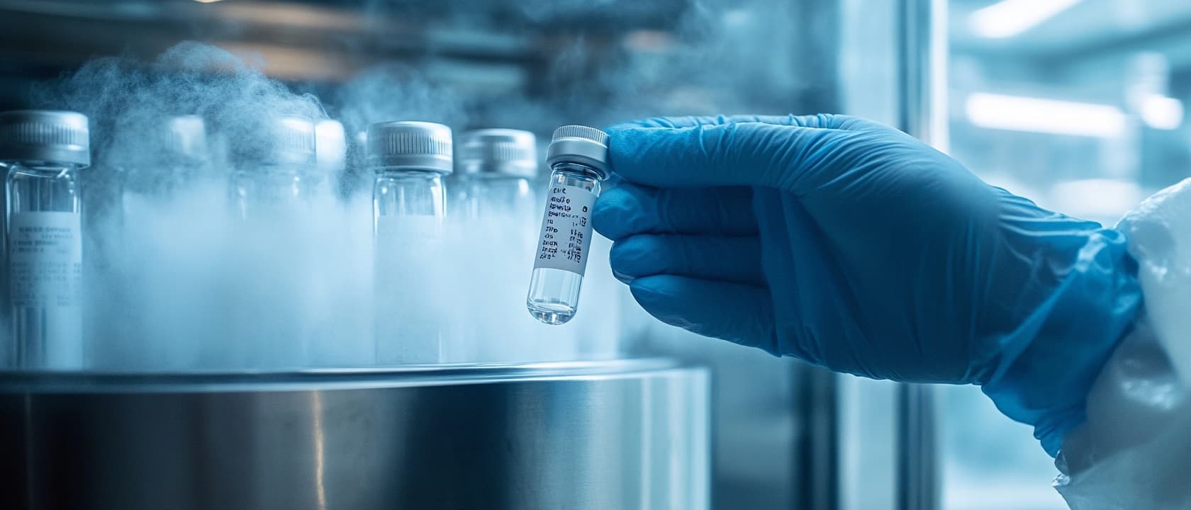 A gloved hand lifting one sealed vial from a rack of identical vials in cold storage