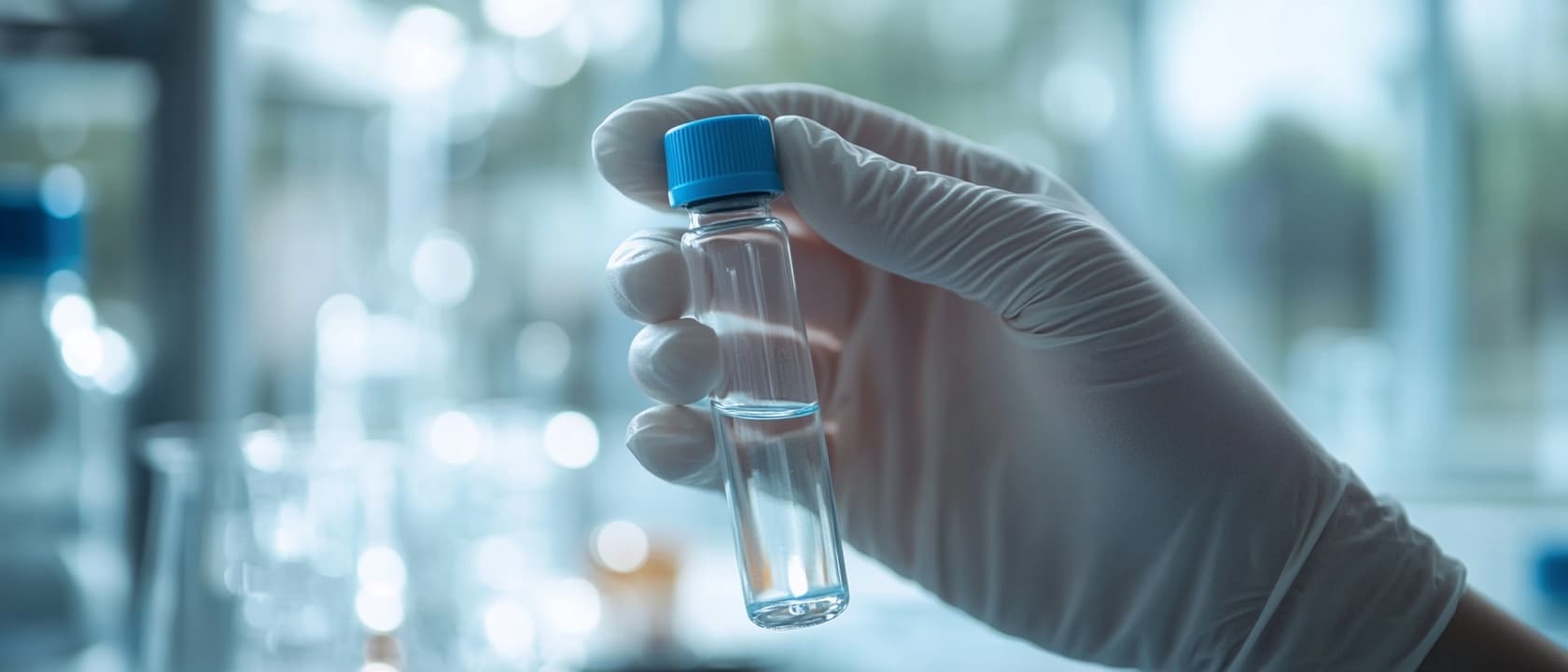 A gloved hand holding a small sealed vial up in a laboratory, other vials out of focus behind