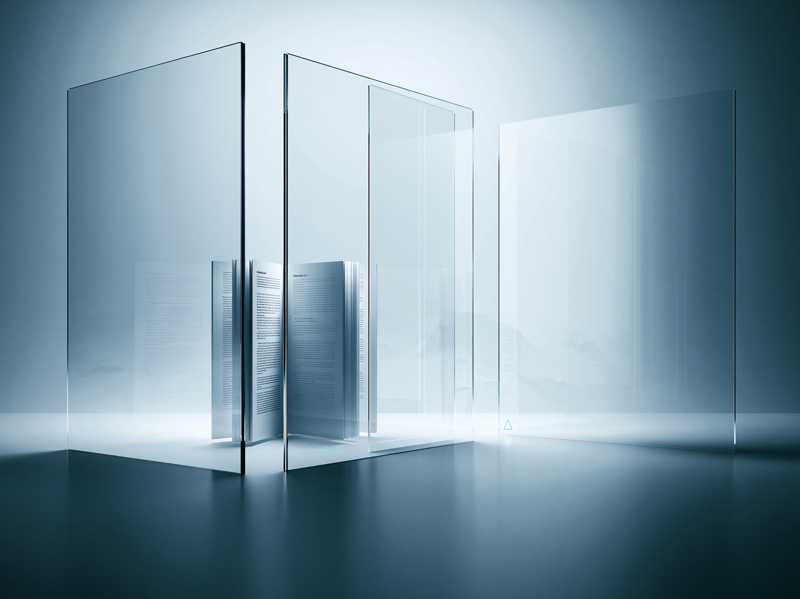 Upright panes of glass standing in a row, each one showing the next through it