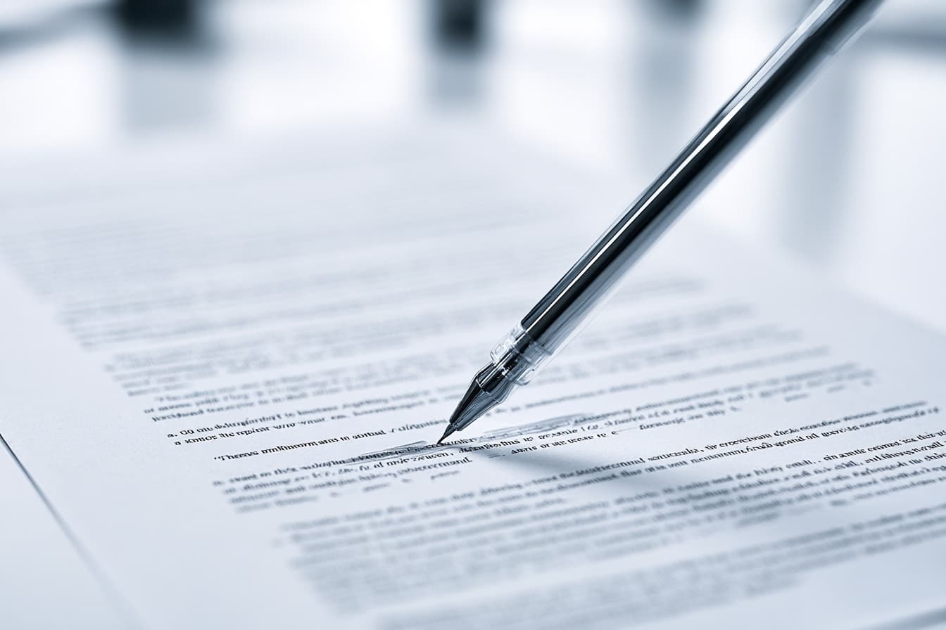 A dark pen resting on a printed document, close to the text, in cool daylight
