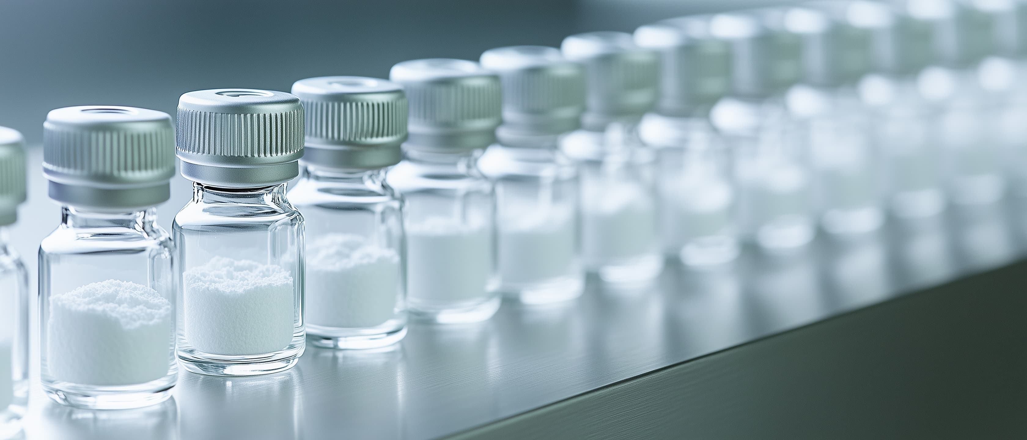 A long row of identical clear vials on a bench, receding out of focus